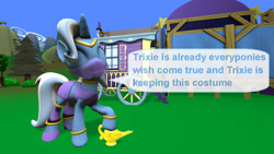 Size: 1920x1080 | Tagged: safe, artist:ask-the-luna-knight, derpibooru import, trixie, pony, unicorn, 3d, clothes, costume, eyes closed, genie, lamp, open mouth, open smile, smiling, source filmmaker, speech bubble, text, tree, trixie's wagon, wagon