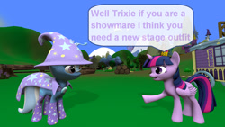 Size: 1920x1080 | Tagged: safe, artist:ask-the-luna-knight, derpibooru import, trixie, twilight sparkle, twilight sparkle (alicorn), alicorn, pony, unicorn, 3d, duo, source filmmaker, speech bubble, text