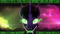 Size: 3840x2160 | Tagged: safe, artist:lagmanor, derpibooru import, oc, oc only, oc:lagmanor amell, bat, pony, undead, unicorn, vampire, vampony, 3d, amulet, bat ears, bat eyes, cape, clothes, fangs, glowing, glowing eyes, jewelry, latin, lens flare, looking at you, outfit, runes, solo, source filmmaker