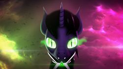Size: 3840x2160 | Tagged: safe, alternate version, artist:lagmanor, derpibooru import, oc, oc only, oc:lagmanor amell, bat, pony, undead, unicorn, vampire, vampony, 3d, amulet, bat ears, bat eyes, cape, clothes, fangs, glowing, glowing eyes, jewelry, latin, lens flare, looking at you, outfit, runes, solo, source filmmaker, textless version, vignette