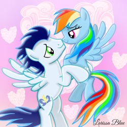 Size: 900x900 | Tagged: safe, artist:mlplary6, derpibooru import, rainbow dash, soarin', pegasus, pony, carrying, cloud, female, flying, heart, looking at each other, looking at someone, male, mare, shipping, smiling, smiling at each other, soarindash, stallion, straight, windswept mane