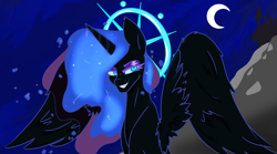 Size: 3012x1680 | Tagged: safe, artist:2hrnap, nightmare moon, alicorn, pony, blue eyes, blue mane, canterlot, digital art, female, grin, horn, lidded eyes, looking at you, mare, moon, night, sky, smiling, solo, starry mane, stars, wings