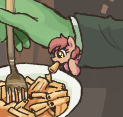 Size: 249x236 | Tagged: safe, artist:plunger, ponerpics import, oc, oc only, oc:anon, human, pony, female, food, fork, mac and cheese, macaroni, mare, meme, micro, pasta, penne, ponified, ponified animal photo, ponified meme