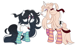 Size: 3399x2000 | Tagged: safe, artist:ayamiiii, derpibooru import, oc, oc:anna (spirit), oc:keiko (ghost), earth pony, ghost, pony, undead, unicorn, blood, chains, clothes, commission, duo, ear piercing, earring, eyebrow piercing, female, jewelry, lipstick, makeup, mare, nose piercing, nose ring, piercing, raised hoof, raised leg, scar, simple background, socks, spirit, striped socks, tattoo, transparent background, ych result