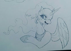 Size: 993x720 | Tagged: safe, artist:maren, derpibooru import, nightmare moon, alicorn, pony, bust, dialogue, doodle, female, laughing, mare, nicemare moon, oh you, old art, solo, traditional art, wings