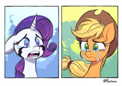 Size: 2480x1748 | Tagged: safe, artist:fanzeem, derpibooru import, applejack, rarity, pegasus, pony, unicorn, amogus eyes, among us, bust, crying, duo, ears, female, floppy ears, frown, makeup, mare, meme, open mouth, running makeup, signature
