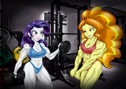 Size: 2835x2015 | Tagged: safe, artist:ponymaan, derpibooru import, adagio dazzle, rarity, equestria girls, acardio dazzle, adagity, breasts, clothes, dumbbell (object), duo, female, flexing, gritted teeth, gym, lesbian, lidded eyes, muscles, muscular female, pecs, ripped rarity, shipping, smiling, smirk, sports bra, sports panties, sweat, teeth, weight lifting, weights, workout