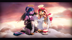 Size: 9600x5400 | Tagged: safe, artist:imafutureguitarhero, derpibooru import, sci-twi, sunset shimmer, twilight sparkle, twilight sparkle (alicorn), alicorn, angel, anthro, classical unicorn, unguligrade anthro, unicorn, 3d, absurd file size, absurd resolution, alicornified, arm freckles, black bars, boots, cheek fluff, chest fluff, chest freckles, chromatic aberration, clothes, cloud, cloven hooves, collar, colored eyebrows, colored eyelashes, contrast, costume, cute, dialogue in the description, dress, duo, ear fluff, ear freckles, ears, evening gloves, fallen angel, female, film grain, floppy ears, fluffy, fluffy hair, fluffy mane, fluffy tail, freckles, fur, glitter, gloves, grin, halo, holding hands, horn, jewelry, kneeling, leg freckles, leonine tail, long gloves, long hair, long mane, looking at each other, looking at someone, mare, matching outfits, multicolored hair, multicolored mane, multicolored tail, necklace, nose wrinkle, not dead, on a cloud, one ear down, open mouth, outdoors, paintover, peppered bacon, race swap, revamped anthros, revamped ponies, scitwilicorn, see-through, shimmerbetes, shimmercorn, shoes, shoulder fluff, shoulder freckles, signature, sitting, sitting on cloud, sky, smiling, smiling at each other, source filmmaker, stockings, tail, thigh highs, twiabetes, unshorn fetlocks, wall of tags, windswept hair, windswept mane, wings
