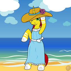 Size: 1980x1980 | Tagged: safe, alternate version, artist:terminalhash, derpibooru import, oc, oc:rouzfirecarrot, pony, unicorn, beach, bipedal, clothes, digital art, dress, flower, hat, ocean, rose, solo, summer, water