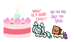 Size: 1164x668 | Tagged: safe, artist:paperbagpony, derpibooru import, oc, oc only, oc:paper bag, oc:uki, cake, candle, chibi, dialogue, food, simple background, white background