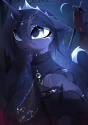 Size: 2349x3333 | Tagged: safe, artist:magnaluna, derpibooru import, princess luna, alicorn, pony, armor, clothes, cute, female, flag, jewelry, leaning, lunabetes, mare, moon, necklace, night, regalia, sitting, socks, solo, stockings, thigh highs, wing armor, wings