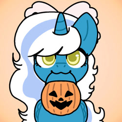 Size: 500x500 | Tagged: safe, artist:icedconfusion, derpibooru import, oc, oc:fleurbelle, alicorn, alicorn oc, bow, female, golden eyes, hair bow, horn, looking at you, mare, mouth hold, orange background, pumpkin bucket, simple background, wings