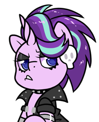 Size: 583x716 | Tagged: safe, artist:paperbagpony, derpibooru import, starlight glimmer, pony, unicorn, alternate hairstyle, angry, bust, choker, clothes, edgelight glimmer, female, goth, gothic, makeup, mare, simple background, skull, spiked choker, white background