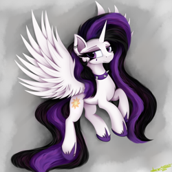 Size: 4000x4000 | Tagged: safe, artist:ser-p, derpibooru import, princess celestia, pony, between dark and dawn, season 9, spoiler:s09, absurd resolution, alternate hairstyle, choker, flying, lidded eyes, looking at you, punklestia, solo, spiked choker, spread wings, wings