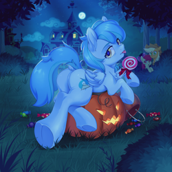 Size: 2000x2000 | Tagged: safe, artist:ls_skylight, derpibooru import, apple bloom, applejack, oc, oc:siriusnavigator, earth pony, pegasus, pony, butt, candy, commission, food, halloween, hat, holiday, jack-o-lantern, oc focus, plot, pumpkin, witch hat, ych result