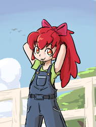 Size: 501x664 | Tagged: safe, artist:spheedc, derpibooru import, apple bloom, human, adorabloom, child, clothes, cute, fence, humanized, looking at you, mouth hold, overalls, raised arms, rubber band, shirt, smiling, solo, t-shirt, younger