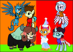 Size: 720x519 | Tagged: safe, artist:darlycatmake, derpibooru import, gallus, ocellus, sandbar, silverstream, smolder, yona, changeling, dragon, earth pony, griffon, hippogriff, yak, clothes, costume, cute, dragoness, dress, female, flying, froufrou glittery lacy outfit, gallabetes, gloves, group photo, group picture, halloween, halloween costume, happy, hat, hennin, holiday, kai smith, lego, lego ninjago, long gloves, long sleeves, luz noceda, male, princess, princess smolder, prison outfit, secret agent, smiling, smolderbetes, spread wings, spy, student six, the owl house, wig, wings