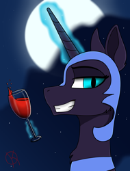 Size: 1080x1420 | Tagged: safe, artist:kpapwiss, derpibooru import, nightmare moon, alicorn, pony, alcohol, bust, looking at you, moon, portrait, simple background, smiling, smiling at you, wine