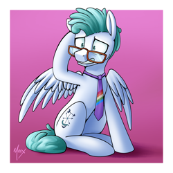 Size: 4000x4000 | Tagged: safe, artist:supermoix, derpibooru import, feather flatterfly, pegasus, pony, commission, cute, glasses, male, necktie, raised hoof, raised leg, scared, simple background, sitting, solo, stallion, worried