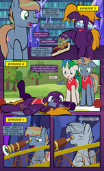 Size: 1920x3168 | Tagged: safe, artist:alexdti, derpibooru import, oc, oc only, oc:brainstorm (alexdti), oc:purple creativity, oc:star logic, pegasus, pony, unicorn, comic:quest for friendship, book, buckball, ears, female, floppy ears, glasses, implied twilight sparkle, male, mare, open mouth, petrification, stallion, twilight's castle