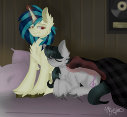 Size: 1801x1655 | Tagged: safe, artist:4agonism, derpibooru import, dj pon-3, octavia melody, vinyl scratch, earth pony, pony, unicorn, arm fluff, bed, bedroom, blanket, chest fluff, cute, daaaaaaaaaaaw, female, lesbian, magic, pillow, quilt, record, red eyes, role reversal, scratchtavia, shipping, sleeping, smiling, telekinesis, those gay horses, tired, unshorn fetlocks, watermark