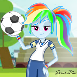 Size: 900x900 | Tagged: safe, artist:mlplary6, derpibooru import, rainbow dash, equestria girls, ball, clothes, cute, dashabetes, female, football, looking at you, smiling, smiling at you, solo, sports