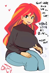 Size: 800x1200 | Tagged: safe, artist:sozglitch, derpibooru import, sunset shimmer, human, equestria girls, big breasts, bilingual, breasts, clothes, denim, dialogue, english, female, floating heart, heart, hiragana, huge breasts, inviting, japanese, jeans, looking at you, onomatopoeia, open mouth, open smile, pants, simple background, sitting, smiling, smiling at you, solo, sunset jiggler, sweater, talking to viewer, thighs, white background