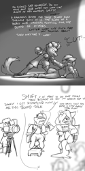 Size: 3000x6000 | Tagged: safe, artist:captainhoers, derpibooru import, oc, oc only, oc:tim, earth pony, kirin, pegasus, pony, unicorn, absurd resolution, acting, bipedal, black and white, comic, cowboy bebop, dialogue, female, grayscale, katana, kirin oc, levitation, magic, male, mare, monochrome, script, stallion, sword, telekinesis, weapon, yelling