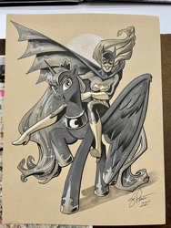 Size: 1536x2048 | Tagged: safe, artist:andypriceart, derpibooru import, princess luna, alicorn, human, batgirl, crossover, dc comics, female, grin, mare, open mouth, open smile, riding a pony, smiling, traditional art