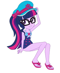 Size: 2400x2912 | Tagged: safe, artist:gmaplay, derpibooru import, sci-twi, twilight sparkle, better together, equestria girls, forgotten friendship, bare shoulders, clothes, glasses, hat, sailor hat, sandals, sci-twi swimsuit, simple background, sleeveless, solo, swimsuit, transparent background