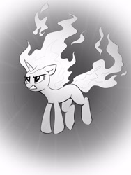 Size: 2904x3872 | Tagged: safe, artist:taneysha, derpibooru import, twilight sparkle, unicorn twilight, unicorn, angry, grayscale, inktober, inktober 2022, mane of fire, monochrome, rapidash twilight, solo