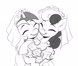 Size: 2492x2104 | Tagged: safe, artist:taneysha, derpibooru import, bon bon, lyra heartstrings, sweetie drops, earth pony, pony, unicorn, background pony, bouquet, canon ship, clothes, dress, duo, female, flower, grayscale, high res, inktober, inktober 2022, lesbian, lyrabon, mare, monochrome, shipping, wedding dress