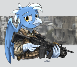 Size: 1920x1669 | Tagged: safe, artist:buckweiser, derpibooru import, oc, oc:frost wing, griffon, camouflage, griffon oc, gun, h&k m320, heckler and koch, looking at you, m4a1, military, ruins, solo, weapon