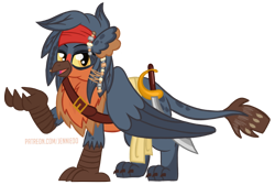 Size: 1000x670 | Tagged: safe, artist:jennieoo, derpibooru import, oc, oc:sparrow, griffon, clothes, cosplay, costume, patreon, patreon reward, pirate, show accurate, simple background, sketch, solo, transparent background