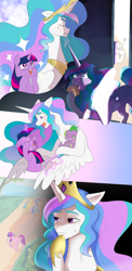 Size: 2048x4187 | Tagged: safe, artist:aztrial, derpibooru import, lemon hearts, minuette, princess celestia, spike, twilight sparkle, twinkleshine, unicorn twilight, alicorn, dragon, pony, unicorn, baby, baby dragon, baby spike, book, cake, cakelestia, comforting, crying, cute, eating, female, filly, filly twilight sparkle, foal, food, messy eating, nervous sweat, night, pastry, reading, starry eyes, story included, sweat, sweatdrop, test, that pony sure does love books, that pony sure does love cakes, tired, twiabetes, wingding eyes, younger