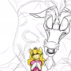 Size: 2048x2048 | Tagged: safe, artist:crookedbeetles, derpibooru import, draconequus, pony, bipedal, crossover, duo, eyes closed, high res, looking at you, parody, ponified, princess peach, sketch, smiling, super mario bros., wip