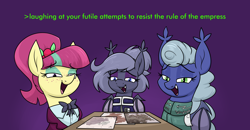 Size: 2466x1284 | Tagged: safe, artist:moonatik, derpibooru import, sour sweet, oc, oc:auburn leaf, oc:selenite, bat pony, earth pony, pony, equestria at war mod, abstract background, alternate timeline, bat pony oc, bowtie, cherry, clothes, equestria girls ponified, eyeshadow, fangs, food, freckles, greentext, laughing, laughingmares.jpg, makeup, map, map of equestria, military uniform, new lunar millennium, nightmare takeover timeline, ponified, shirt, smug, table, text, uniform