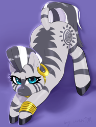 Size: 1500x2000 | Tagged: safe, artist:inventor, derpibooru import, zecora, pony, zebra, ass up, ear piercing, face down ass up, female, frown, jack-o challenge, looking at you, mare, meme, piercing, solo, unhappy