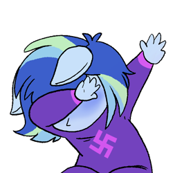 Size: 600x600 | Tagged: safe, artist:little-tweenframes, edit, oc, oc only, oc:sparkling sapphire, series:sciset diary, equestria girls, baby, dab, female, hit or miss, import from tumblr, pony ears, simple background, swastika, transparent background