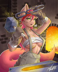 Size: 2480x3100 | Tagged: safe, artist:vandyart, derpibooru import, oc, oc only, anthro, pegasus, pony, unicorn, equestria girls, adoptable, anvil, blacksmith, breasts, fantasy class, furnace, hammer, magic, not pinkie pie, pliers, rpg, solo