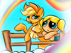 Size: 616x460 | Tagged: safe, artist:lytlethelemur, derpibooru import, applejack, earth pony, human, pony, bubbles (powerpuff girls), cloud, fence, mouth hold, open mouth, rainbow, the powerpuff girls