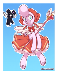 Size: 825x1050 | Tagged: safe, artist:nekocrispy, derpibooru import, pom lamb, dog, lamb, sheep, them's fightin' herds, cardcaptor sakura, clothes, community related, cosplay, costume, open mouth, staff