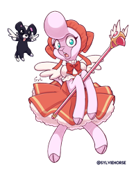 Size: 825x1050 | Tagged: safe, alternate version, artist:nekocrispy, derpibooru import, pom lamb, dog, lamb, sheep, them's fightin' herds, cardcaptor sakura, clothes, community related, cosplay, costume, open mouth, simple background, staff, transparent background