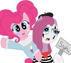 Size: 2500x2199 | Tagged: safe, artist:legendoflink, derpibooru import, pinkie pie, earth pony, pony, alternate hairstyle, annoyed, beret, clown, duality, duo, duo female, female, hat, heart, heart eyes, looking at you, looking away, makeup, mare, mime, pinkamena diane pie, pinktober, raised hoof, raised leg, self paradox, self ponidox, sigh, sign, simple background, text, transparent background, wingding eyes