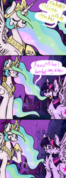 Size: 726x1944 | Tagged: safe, artist:4agonism, derpibooru import, princess celestia, twilight sparkle, twilight sparkle (alicorn), alicorn, pony, magical mystery cure, 3 panel comic, ascension enhancement, chest fluff, comic, crown, duo, ear fluff, ears, female, fluffy, horn, jewelry, laughing, mare, night, open mouth, regalia, smiling, snickering, spread wings, twilight sparkle is not amused, unamused, wings