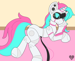 Size: 2412x1968 | Tagged: safe, artist:gnashie, derpibooru import, oc, oc only, oc:cyber rose, pony, robot, robot pony, unicorn, bored, cable, charging, colored, flat colors, horn, lights, lying down, prone, screen, unicorn oc