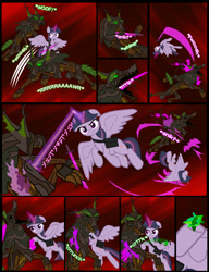 Size: 1042x1358 | Tagged: safe, artist:dendoctor, derpibooru import, mean twilight sparkle, twilight sparkle, twilight sparkle (alicorn), alicorn, pony, timber wolf, comic:clone.., g4, alternate universe, bag, clone, comic, energy blast, energy sword, everfree forest, female, glowing, glowing horn, horn, magic, mare, saddle bag, sword, telekinesis, weapon