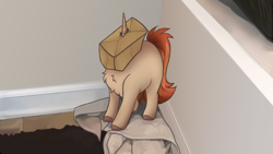 Size: 1120x630 | Tagged: safe, artist:mariashek, derpibooru import, oc, oc:arthur ali, pony, unicorn, bag, bag on head, behaving like a cat, chest fluff, clothes, horn, horn impalement, paper bag, solo