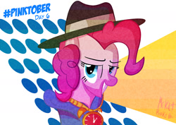 Size: 1754x1240 | Tagged: safe, artist:mrkat7214, derpibooru import, part of a set, pinkie pie, earth pony, pony, abstract background, dreamworks face, female, grin, hat, mare, rapper pie, smiling, solo