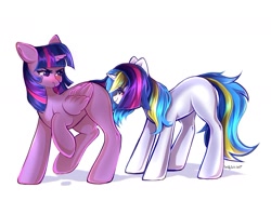 Size: 1687x1257 | Tagged: safe, artist:crybaby, derpibooru import, twilight sparkle, twilight sparkle (alicorn), oc, alicorn, pony, duo, eyes on the prize, looking at butt, missing cutie mark, scrunchy face, simple background, twilight sparkle is not amused, unamused, white background